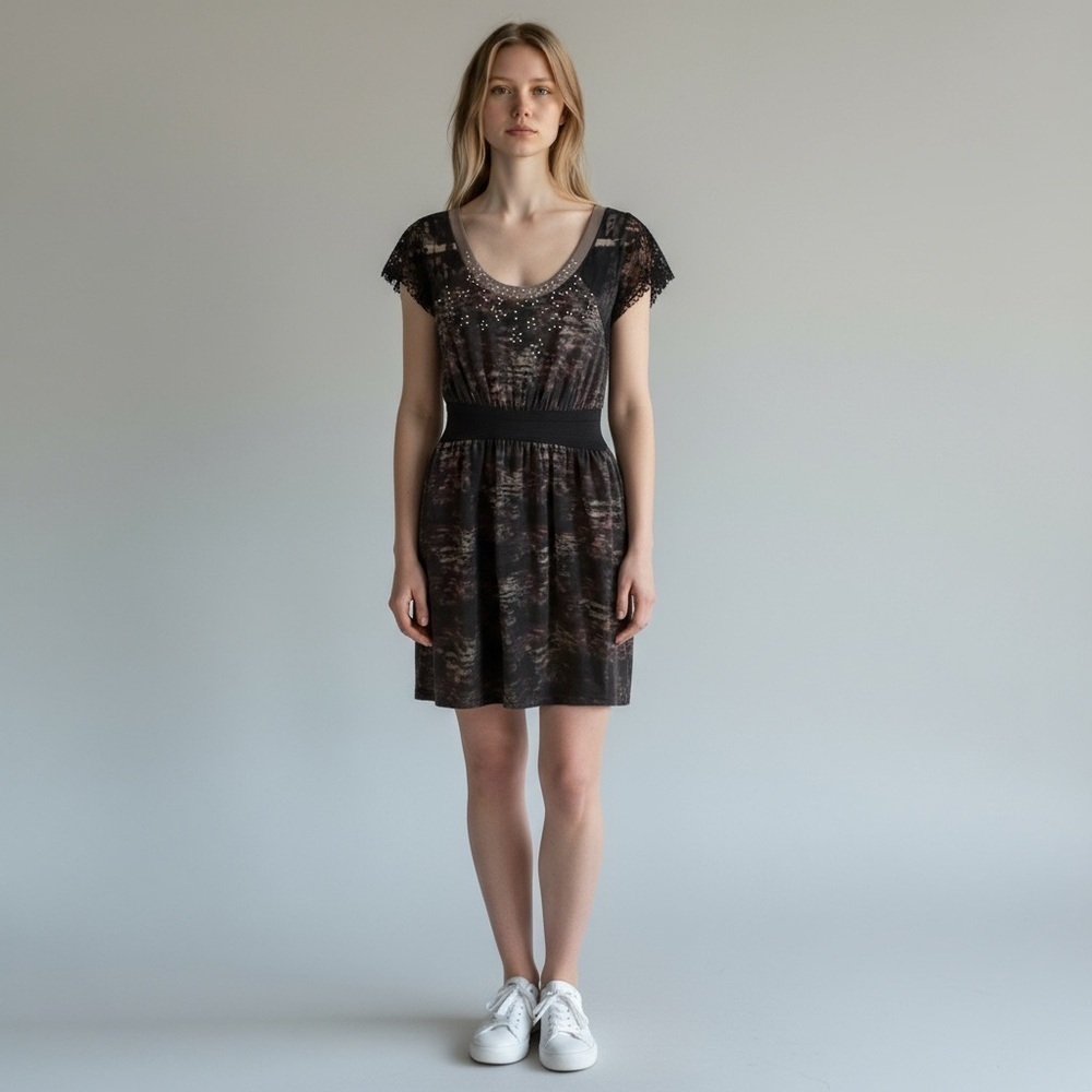 Free People Elegant Black and Gray Lace Mini Dress